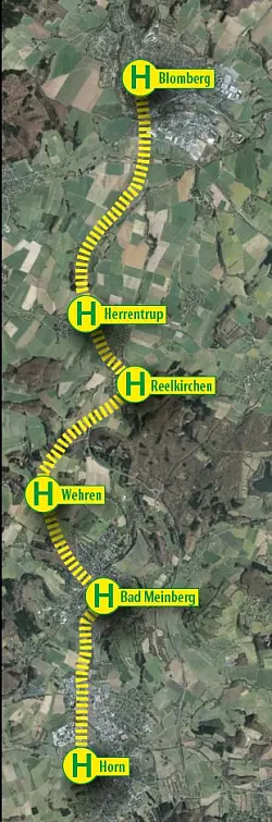 Die Karte zeigt in etwa den Streckenverlauf und die Haltestellen der Straßenbahnlinie zwischen Blomberg und Horn. - © Karte: Geobasisdaten Lippe/Möller