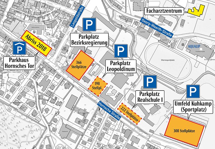Als Ausgleich für das Parkhaus Hornsches Tor gibt es die Idee für ein Parkhaus an der Bezirksregierung, alternativ Parkdecks am Leo und der Realschule und/oder am Sportplatz Kuhkamp. - © Oliver Wendtland