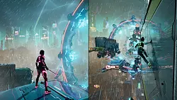 Hier ist viel los auf dem Bilschirm: Über die futuristische Autobahn in schwindelerregender Höhe müssen wir uns weiter nach vorne kämpfen. Beide haben unterschiedliche Fähigkeiten, aber nur gemeinsam wird daraus ein Erfolg. - © EA Originals / Hazelight Studios