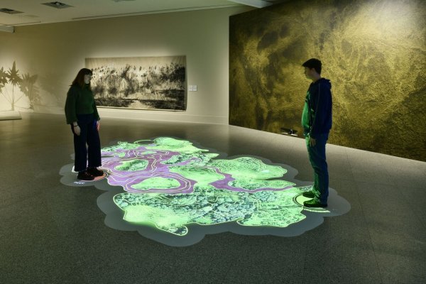 Eine interaktive Bodenprojektion ist in der Ausstellung «Save Land. United für Land» in Bonn zu sehen. Vom 6. Dezember bis zum 1. Juni 2025 wird die unterschiedliche Nutzung und Gefährdung von Böden dargestellt. - © dform Bildwerk Wien David Ertl/Bundeskunsthalle/dpa