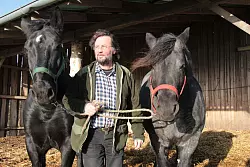 Erhard Schroll hat den achj&auml;hrigen Alt-Oldenburger Blacky (links) und die siebenj&auml;hrige Ella, ein Rheinisch-Deutsches Kaltblut, am Halfter. - &copy; Carolin Brokmann-F&ouml;rster