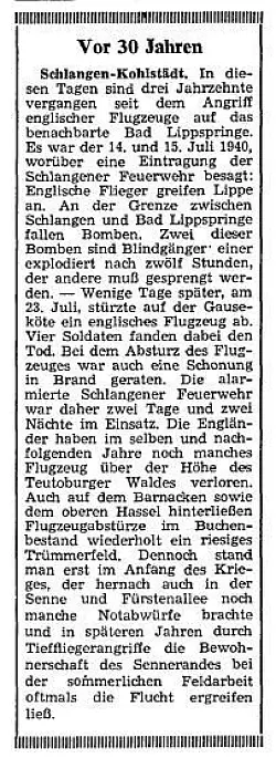 Ein Bericht vom 15. Juli 1970 zu einem Flugzeugangriff im Jahr 1940. - © LZ-Archiv