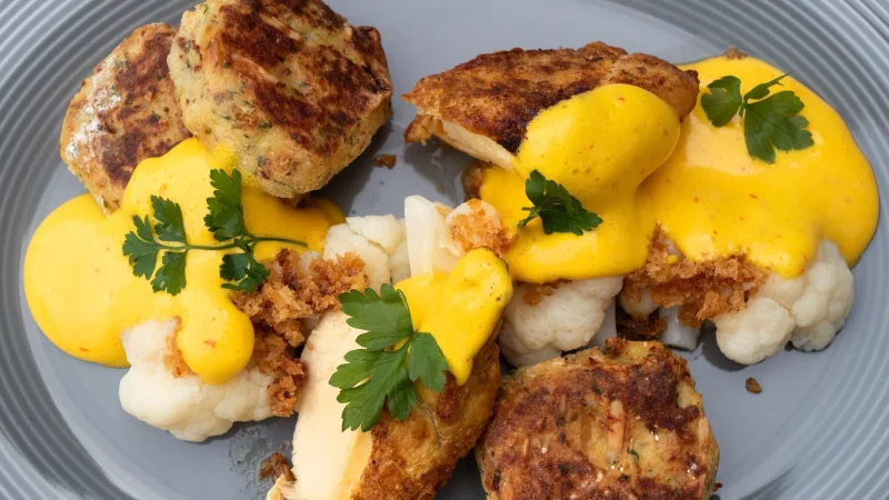 Maish&auml;hnchenbrust mit Blumenkohl und leuchtend gelber Safran-Kardamom-Sauce ist eine Kreation von K&uuml;chenchef Thomas Bucher aus dem Altenburger Land. - &copy; Andreas Drouve/dpa-tmn