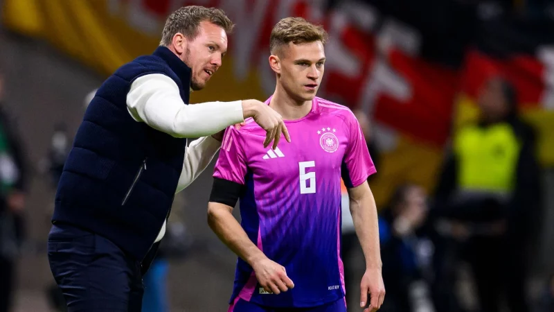 Der Bundestrsainer und sein Kapit&auml;n, Julian Nagelsmann (l) und Joshua Kimmich (r). (Archivbild) - &copy; Tom Weller/dpa