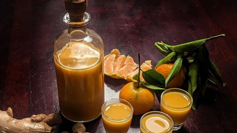 Der Ingwer f&uuml;r den Mandarinen-Ingwer-Shot wird zweimal gepresst und entwickelt dadurch eine besondere Sch&auml;rfe. - &copy; Doreen Hassek/dpa-tmn