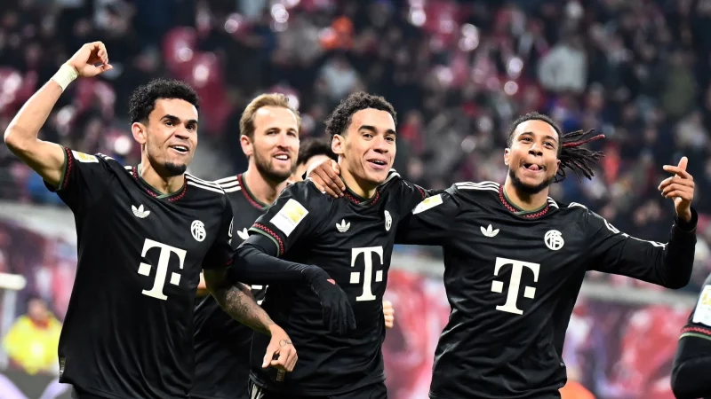 Vier gewinnt: Die Bayern-Offensive mit Luis Diaz, Harry Kane, Jamal Musiala und Michael Olise (v.l.). - &copy; David Hammersen/dpa