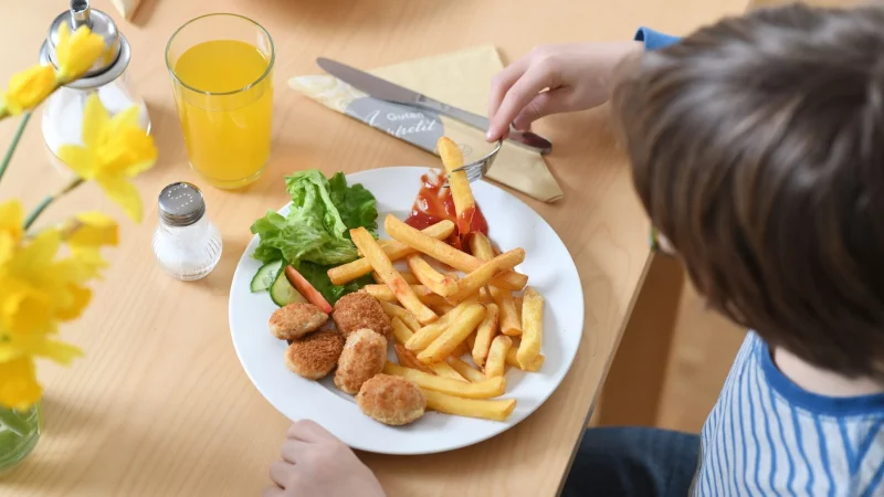 Viel Pommes, wenig Auswahl: Auf den meisten Kinderspeisekarten dominieren Schnitzel, Nuggets und Nudeln. - © Tobias Hase/dpa/dpa-tmn