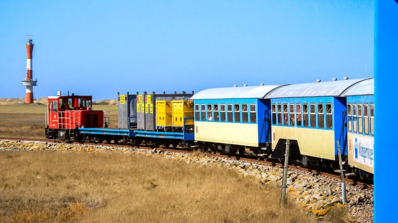 Gemächlich fährt Inselbahn über die Salzwiesen von Wangerooge. - © Bernd F. Meier/dpa-tmn