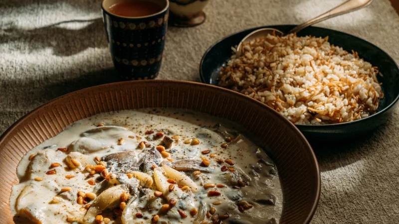 Shakriyeh funktioniert auch vegan: Pilze ersetzen darin das Lammfleisch, Sojajoghurt den Joghurt aus Kuhmilch. - © Syrisch in Vegan Vol. 2/Familie Doudieh/dpa-tmn