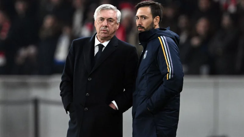 Davide Ancelotti (r), Sohn von Real Madrid-Coach Carlo Ancelotti (l.), ist als Trainerkandidat bei RB Leipzig im Gespr&auml;ch. - &copy; Soeren Stache/dpa