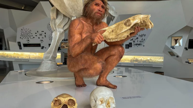 Auf Tuchf&uuml;hlung mit der Urzeit: Die detailgetreue Wachsfigur eines Homo heidelbergensis im Forschungsmuseum &laquo;pal&auml;on&raquo; gibt Einblicke in das Leben unserer fr&uuml;hen Vorfahren. - &copy; Ralf Johnen/dpa-tmn