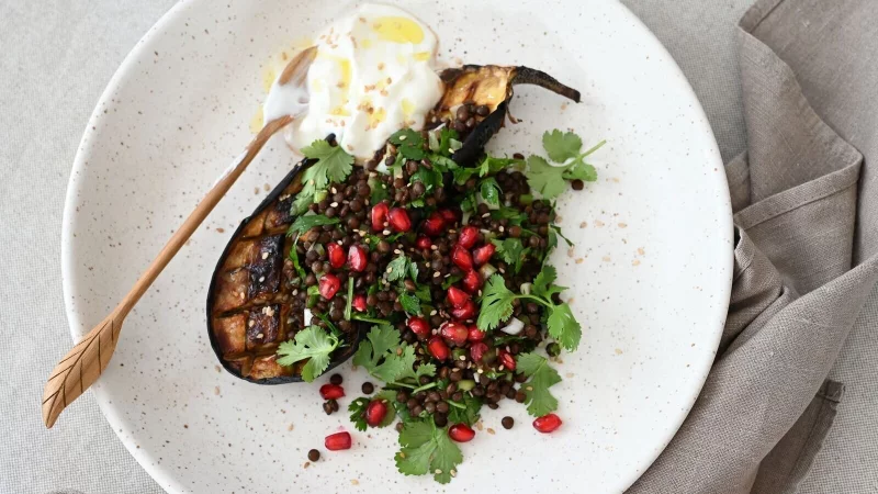 Ein Teller voller Kontraste und orientalischem Twist: Geschmorte Auberginen, getoppt mit Linsen-Kr&auml;uter-Salat, Granatapfelkernen und einem Klecks cremigem Joghurt. - &copy; Julia Uehren/dpa-tmn