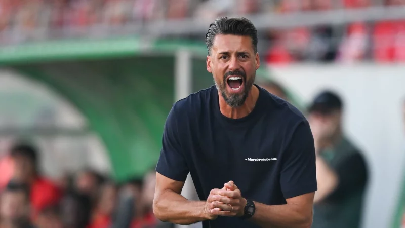 Augsburgs Trainer Sandro Wagner ist mit Leidenschaft bei seinem Debüt im Einsatz. - © Hendrik Schmidt/dpa