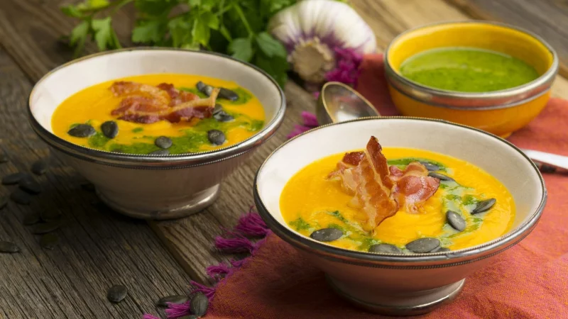 Herbstlicher Genuss mit knusprigem Speck und w&uuml;rzigem Pesto: Sie verleihen jeder K&uuml;rbissuppe das gewisse Etwas und sorgen f&uuml;r zus&auml;tzlichen Geschmack. - &copy; BVEO/dpa-tmn