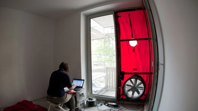 Beim Blower-Door-Test wird die Luftdichtheit eines Gebäudes gemessen, um festzustellen in welchem Umfang und wo ein Haus Energielecks aufweist. - © Klaus-Dietmar Gabbert/dpa-tmn