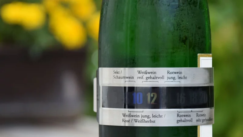 Die Thermometer-Manschette kommt um den Bauch der Weinflasche und misst die Temperatur. Eine Skala zeigt zus&auml;tzlich an, in welchem Bereich welcher Wein wie k&uuml;hl sein sollte. - &copy; DWI/deutscheweine.de/dpa-tmn