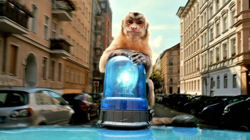 Akiko auf dem Blaulicht - eine Szene des Films &laquo;Akiko - Der fliegende Affe&raquo;. - &copy; Veit Helmer-Filmproduktion/farbfilm verleih/dpa