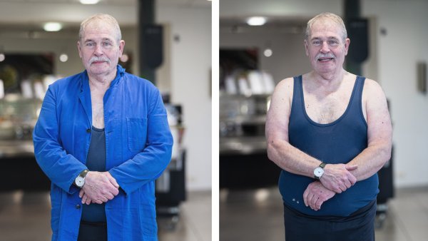 Im Arbeitskittel ist Friedhelm Göhner zu seiner Verhandlung am Amtsgericht Lemgo erschienen, den Rest des Prozesses musste auf er Anweisung des Richters im Unterhemd verfolgen, sagt der 78-Jährige. - © Torben Gocke