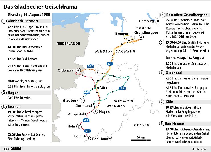 Karte und Chronologie zum Gladbecker Geiseldrama. - &copy; Redaktion: J. Schneider; Grafik: A. Br&uuml;hl/B&ouml;kelmann