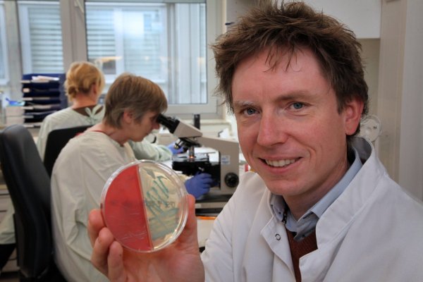 Den Gegner im Griff: Dr Jens Gieffers zeigt eine Agar-Schale, in sich Keime aus einem Schleimhautabstrich eines Patienten vermehrt haben. - © Bernhard Preuß