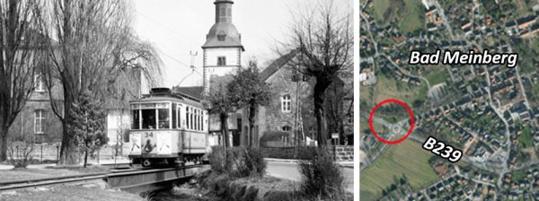 Tram und die Unfallstelle: Das linke Foto zeigt eine Straßenbahn 1954 auf der Bleichebrücke mit der evangelisch-reformierten Kirche von Horn im Hintergrund. Auf der historischen Karte von 1936 und auf einem aktuellen Satellitenfoto ist jeweils der Unglücksort markiert. - © Werner Stock, Sammlung Ludger Kenning/Karten, Geobasisdaten NRW