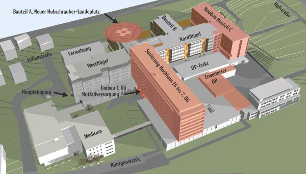 Die Pläne in der Übersicht: Dort wird die Klinikum Lippe GmbH in den kommenden zehn Jahren 40 Millionen Euro investieren. Im Mittelpunkt stehen der Notfallambulanz-Umbau, der neue Nordflügel und die Hochhaus-Sanierung. - © Entwurf: Architektengruppe Schweitzer + Partner
