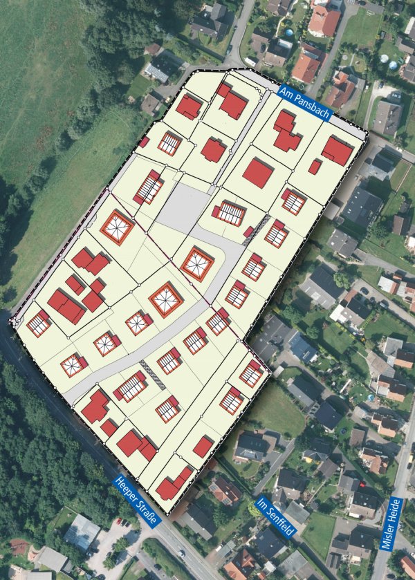 Baugebiet „Milser Heide": Die Häuser dürfen nach den derzeitigen Planungen bis zu elf Meter hoch sein. Das ist einigen Anwohnern zu viel, sie befürchten trotz der Abstände Schattenwurf. - © Grafik: Benjamin Möller