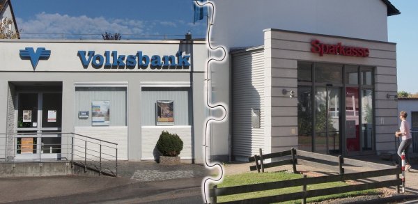 Zum Anfang des nächsten Jahres werden die Sparkassen-Filiale in Istrup (rechts) und die Volksbank-Filiale in Großenmarpe zu reinen SB-Standorten umgebaut. Die Geldautomaten können Kunden beider Banken ohne zusätzliche Gebühren benutzen. - © Andreas Barnekow / Montage: Oliver Wendtland