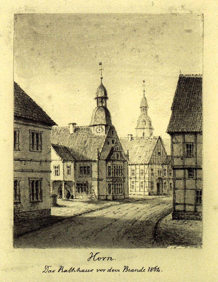 Diese Tuschezeichnung von Emil Zeiß zeigt den Marktplatz und das Rathaus vor dem großen Stadtbrand von 1864. Deutlich zu erkennen sind die Säulen, die den Erker tragen. - © Wikipedia