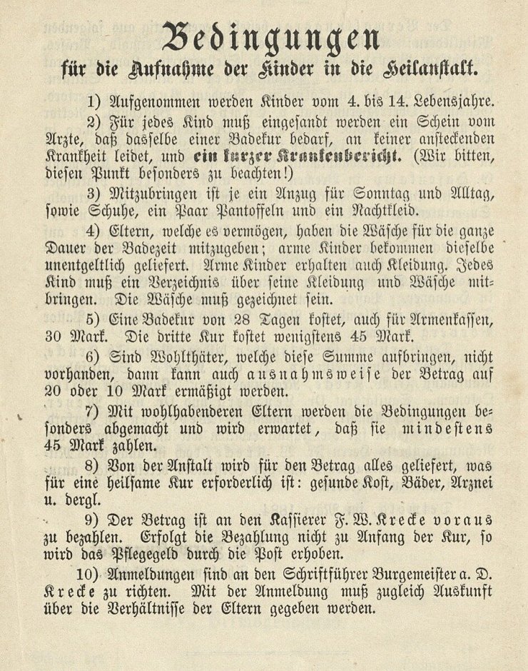 Die Bedingungen zur Aufnahme in die Kinderheilanstalt von 1883. - © Repro: Stadtarchiv