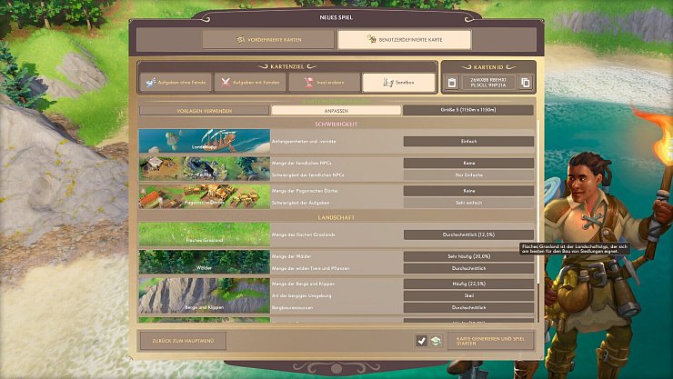 In einer Art Karteneditor stellen wir den Schwierigkeitsgrad ein. Hier können wir sowohl die Landschaftsarten oder die Menge der neutralen Dörfer bestimmen. - © Envision Entertainment
