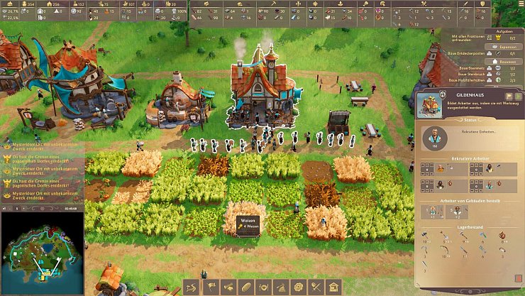 Träger transportieren Waren innerhalb der Siedlung und sind unverzichtbar. Lange Schlangen vor Gebäuden wie vor diesem Gildenhaus sollten wir aber vermeiden. - © Envision Entertainment