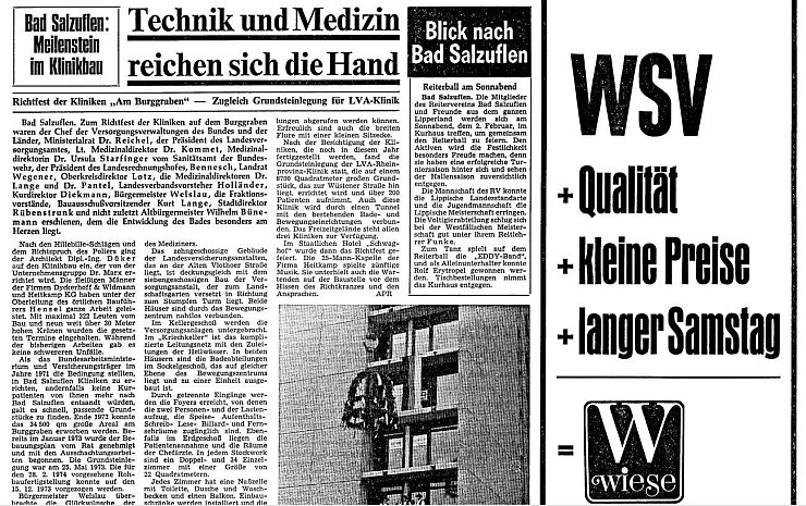 Die Kliniken am Burggraben feiern Richtfest, auch wenn der Kranz bei der damaligen Fotoqualität eher zu erahnen ist. Daneben wirbt das Textilhaus Wiese mit Niederlassungen in Lemgo und Detmold übrigens mit seinem 200 Teile starken Blusen-Sortiment ab 15 Mark. - © Lippische Landes-Zeitung