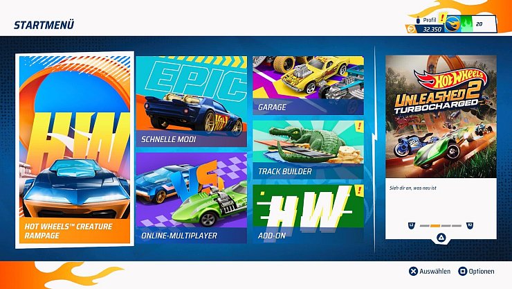 Das Hauptmenü in "Hot Wheels 2" sieht wesentlich fresher und aufgeräumter aus als im Vorgänger. Uns gefällt's. - © Mattel