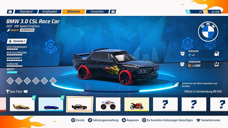 Wir haben den langweilig aussehenden BMW für uns umgestylt. Deshalb interessieren uns die Angaben rechts nicht, aber dort sehen wir, was wir im Austausch bekämen, wenn wir unser Gefährt verkaufen oder gar zerlegen würden. - © Mattel