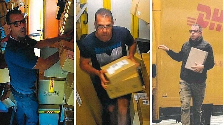 Diese drei Fotos zeigen den Paketdieb in Krefeld, Gütersloh und in der Bielefelder Innenstadt. - © Polizei