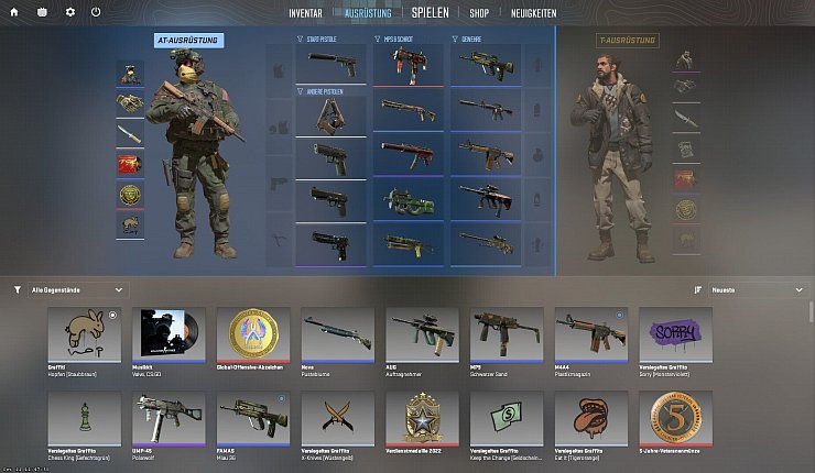 Im Inventar können die Spielerinnen und Spieler nun wählen, welche Waffen sie jeweils für die Partien mitnehmen. Insgesamt stehen 15 Slots zur Verfügung. - © Valve