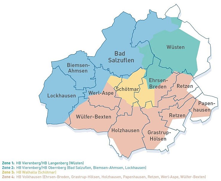 Die Zonen 1-3 (in Blau, Grün und Gelb dargestellt) werden ab sofort wieder mit Trinkwasser ohne Chlor versorgt. Voraussichtlich Ende März wird die Chlorung für Zone 4 im Süden des Stadtgebiets aufgehoben. - © Stadtwerke Bad Salzuflen
