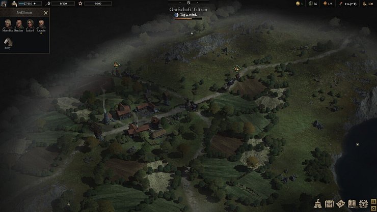 Auf der Karte erkunden wir nach und nach neue Gebiete. Links von uns ist das Dorf Stromkapp. Nicht weit von uns ziehen außerdem zwei Karawanen, mit denen wir handeln könnten – oder kämpfen. - © Shiro Games