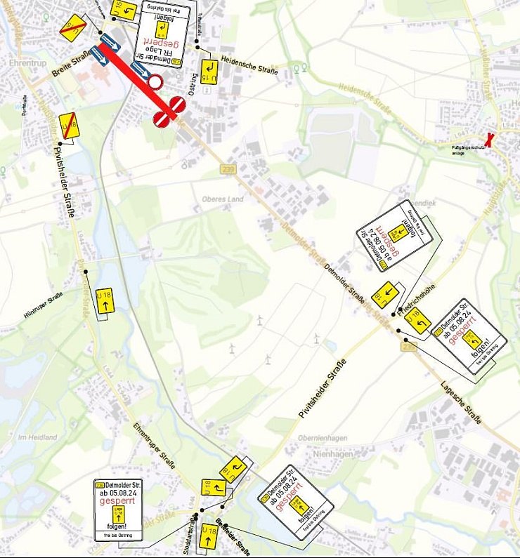Die Umleitung in Fahrtrichtung Lage erfolgt über die Pivitsheider Straße (L945, Detmold), die Ehrentruper und Pivitsheider Straße (L944), sowie die Breite Straße (B239) zum Marktkauf-Kreisel. - © Straßen.NRW