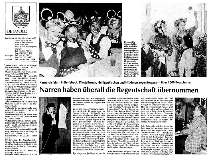 Karneval lockte schon in den 90ern in die Hochburgen. Weite Teile Lippes können mit dem närrischen Treiben jedoch, damals wie heute, nichts anfangen. - © Lippische Landes-Zeitung
