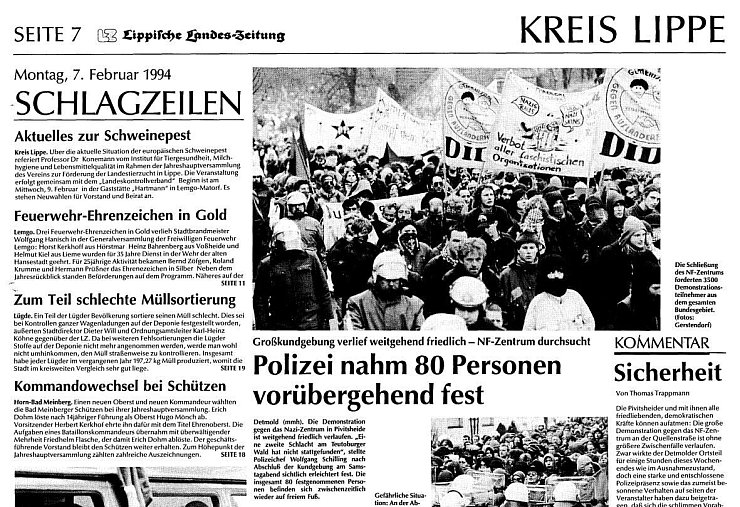 In Detmold demonstrieren Tausende aus dem ganzen Bundesgebiet gegen ein Nazi-Zentrum. Irgendwie auch ein Stück weit aktuell das Thema ... - © Lippische Landes-Zeitung