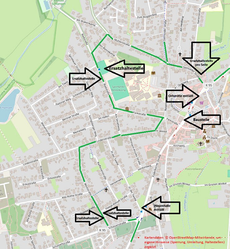 Die Umleitungen und Ersatzhaltestellen in Schlangen. - © OpenStreetMap/Gemeinde Schlangen