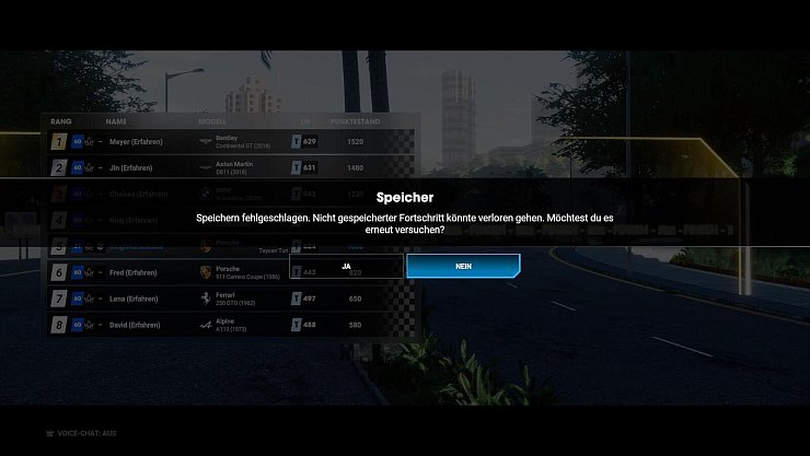 Da haben wir gerade den fünften Platz in einem Rennen ergattert, da sagt uns das Spiel: Ach. Mensch, sorry, aber leider, leider konnte das jetzt mal eben nicht gespeichert werden. Klicken wir hier auf "ja", verschwindet der Hinweis meist. Wir können dann nur hoffen, dass wirklich gespeichert wurde, sicher sind wir uns nie. - © Nacon
