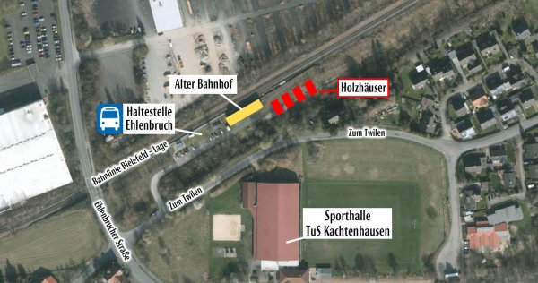Gut erreichbar: Die vier geplanten Unterkünfte für Flüchtlinge in Kachtenhausen liegen verkehrsgünstig direkt neben dem Bahnhof. - © Wolfgang Becker