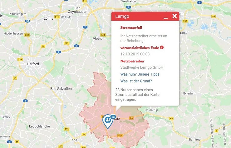 Stromausfall in Lemgo - © LZ/Karte: Störungsauskunft.de