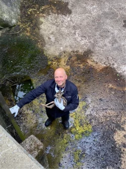 Frank Hoppe rettet das Kitz aus der Kl&auml;rgrube. - &copy; Feuerwehr Lemgo