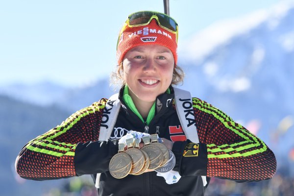 Bei der WM 2017 gewann Laura Dahlmeier sechs Medaillen in sechs Rennen. - © Martin Schutt/dpa-Zentralbild/dpa