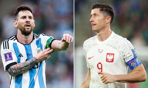 Argentiniens Lionel Messi (l) und Polens Robert Lewandowski. - © Tom Weller/ Christian Charisius/dpa