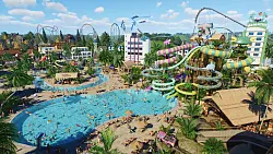 Badehose nicht vergessen: In "Planet Coaster 2" ist auch eine Kombination aus umwerfenden Wasserparks mit Wasserrutschen und Achterbahnen möglich. - © Frontier Developments